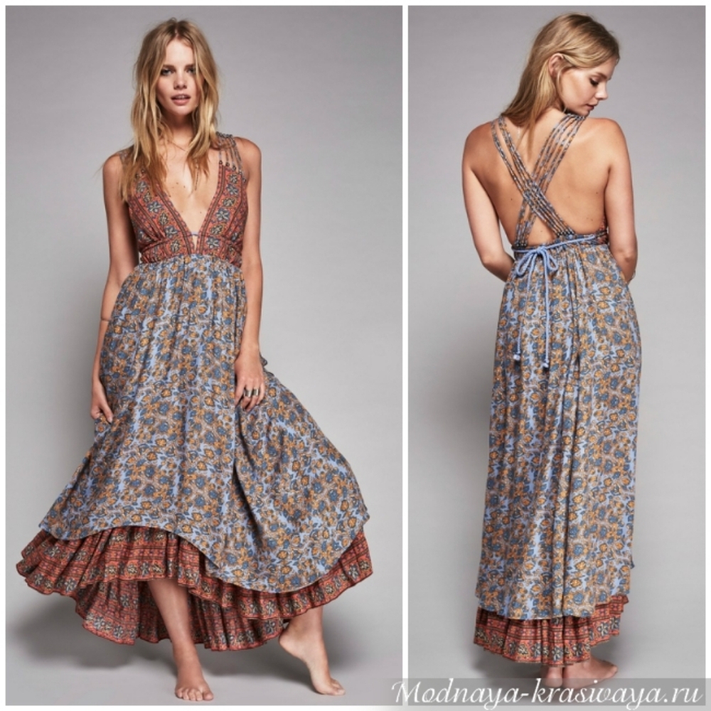 Free People Floral High Low Dress in Blue and Brown - Picture 3 of 6